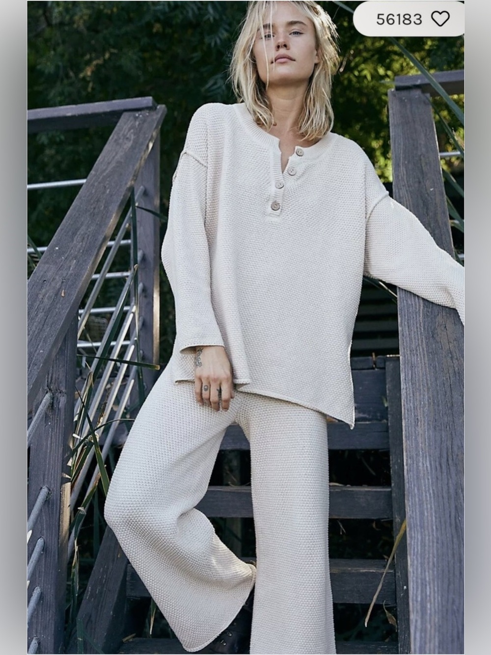 Free People Hailee Knit Cream Tan Waffle Knit Henley Sweater Set M - Picture 10 of 16